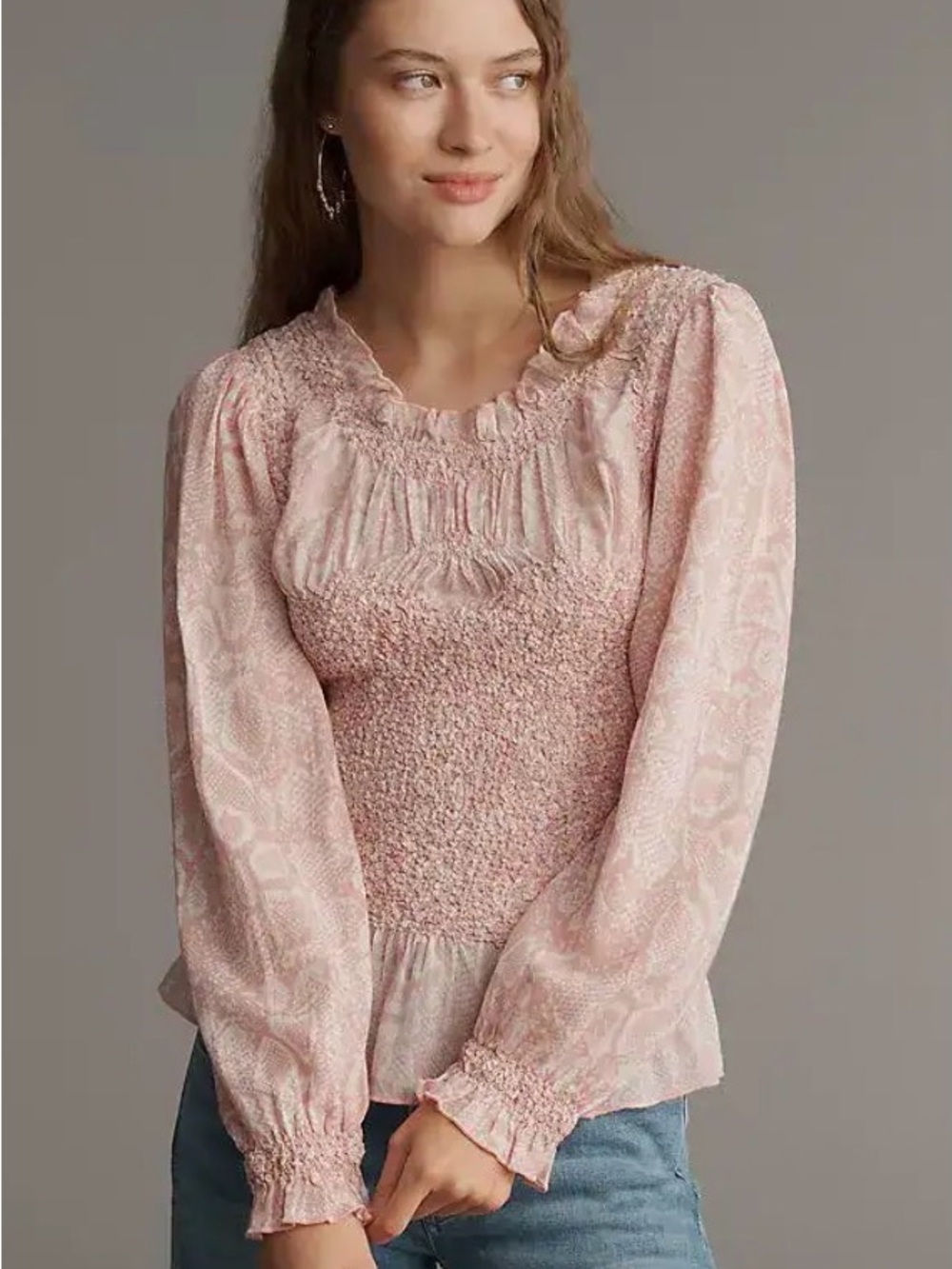 Anthropologie Pink Smocked peplum Blouse